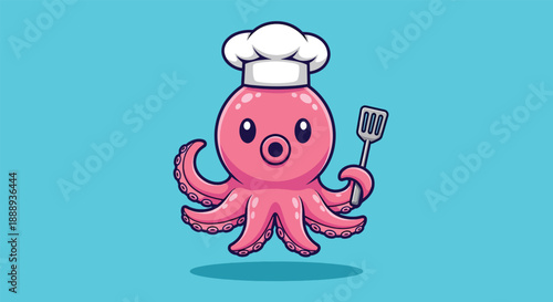 Cute Cartoon Octopus Chef Holding Spatula.