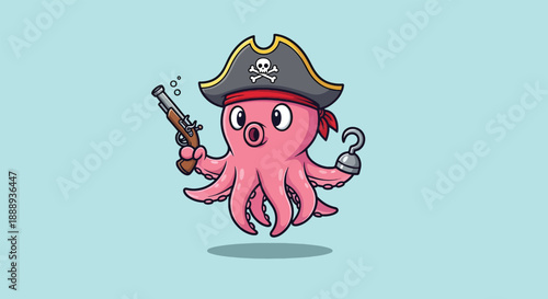 Cute Cartoon Octopus Pirate Character with Hook and Gun.