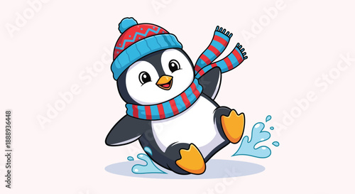 Cute cartoon penguin sliding on ice with scarf and hat Illustration.