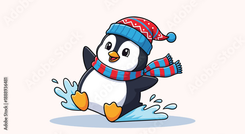 Cute cartoon penguin sliding on ice with scarf and hat.