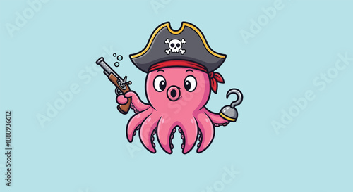 Cute Pink Octopus Pirate Cartoon Character.