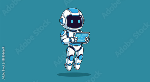 Cute Robot Holding a Tablet Computer.