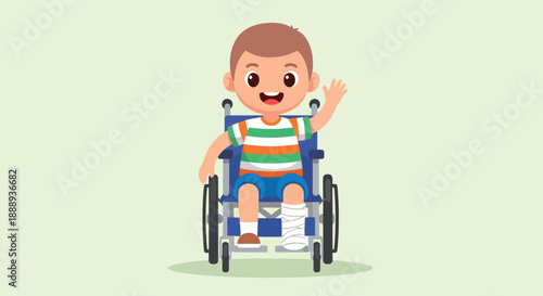 Happy Boy in Wheelchair Waving Hello Illustration.