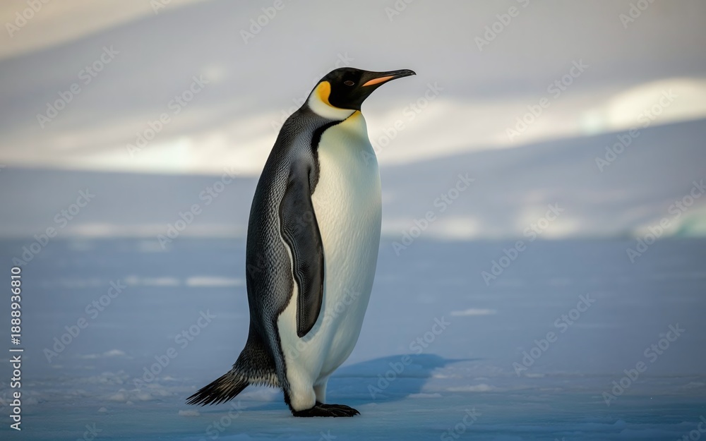 Obraz premium Penguin Standing on Ice with Soft Polar Light and Clean Background