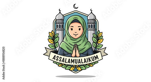 Islamic Greeting Assalamualaikum Woman Wearing Hijab Mosque Emblem.