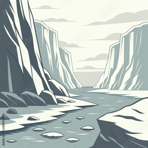 Vast arctic landscape with majestic icebergs floating in a frozen sea under a soft sky, tranquil polar scene, vector illustration.