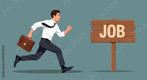 Man in Suit Running Towards Job Sign.