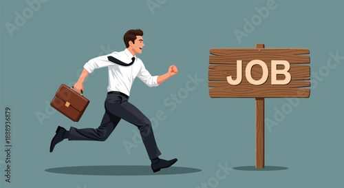 Man Running Towards Job Sign Vector.