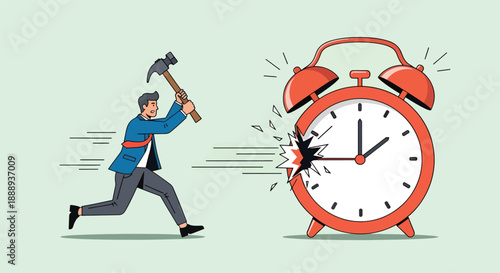 Man Smashing Alarm Clock with Hammer in Frustration.