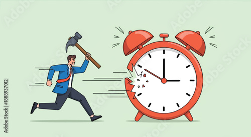 Man smashing alarm clock with hammer concept of time management.