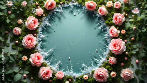 Surreal pink rose flower moss green leaves water splash circle frame natural beauty delicate petals floral arrangement