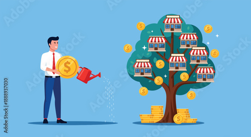 Man watering money tree with franchise shops growing.