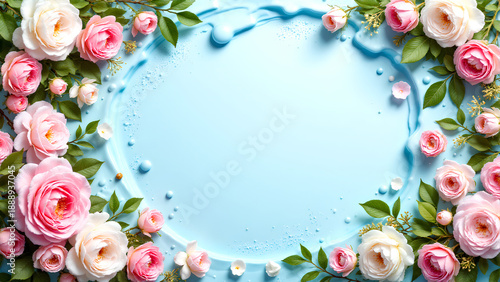 Surreal pink and white rose flowers frame blue liquid splash background with green leaves and delicate petals creating dreamy and elegant floral composition perfect for design