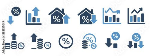 Low and high interest rate icon set, vector graphics representing up and down percentages, loan and mortgage growth, economic trend symbols, modern finance design.