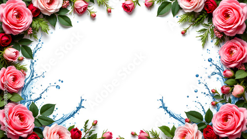 Surreal pink rose frame with red rosebud and green leaf border splashed by water droplets creating fresh and vibrant floral design perfect for elegant invitations or greeting cards