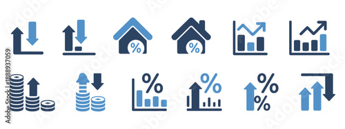 Low and high interest rate icon set, vector graphics representing up and down percentages, loan and mortgage growth, economic trend symbols, modern finance design.