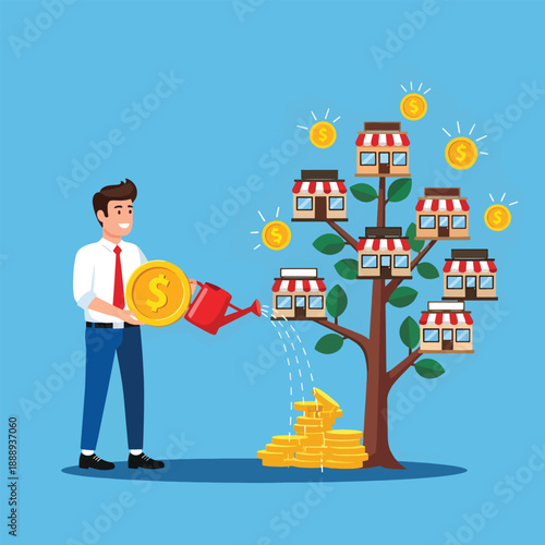 Man watering money tree with shops and coins for business growth.