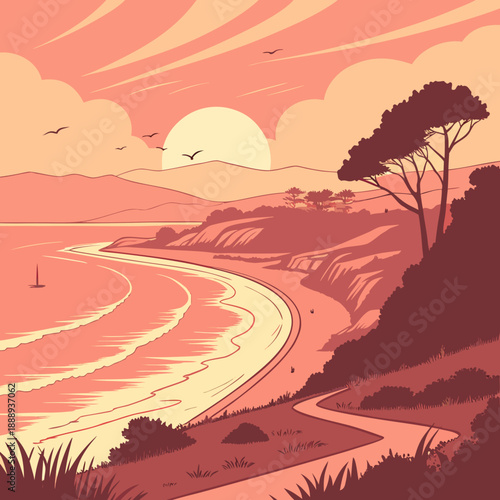 Vibrant coastal sunrise landscape with a glowing sun rising over gentle waves, modern flat vector art.