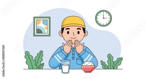 Muslim Boy Preparing for Suhoor Meal During Ramadan.