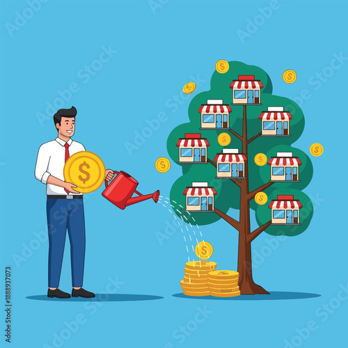Man watering money tree with shops growing as fruits.