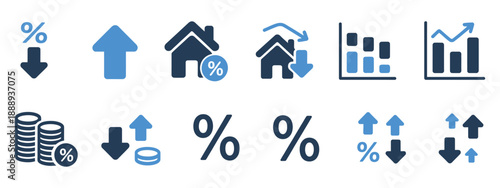 Low and high interest rate icon set, vector graphics representing up and down percentages, loan and mortgage growth, economic trend symbols, modern finance design.
