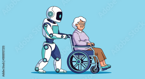 Robot assisting elderly woman in wheelchair with care and technology.