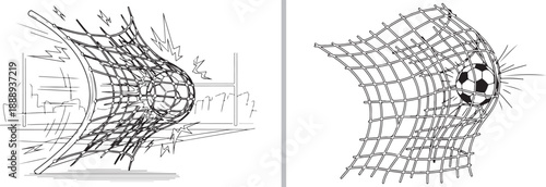 A black and white line-art vector showing two action scenes of a soccer ball hitting the back of a net, capturing the dynamic moment of a goal being scored.