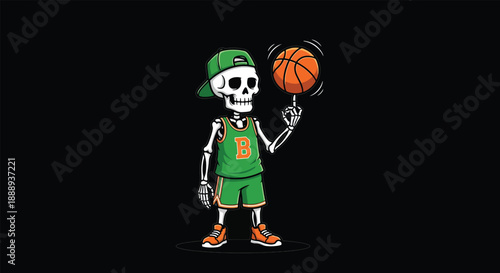 Cute Skeleton Basketball Player Spinning Ball on Finger.