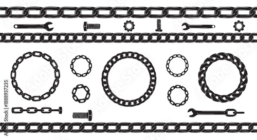 Collection of various metal chains and connectors isolated on transparent background