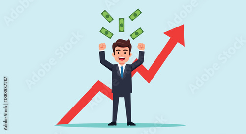 Successful Businessman Celebrating Financial Growth with Money Falling.