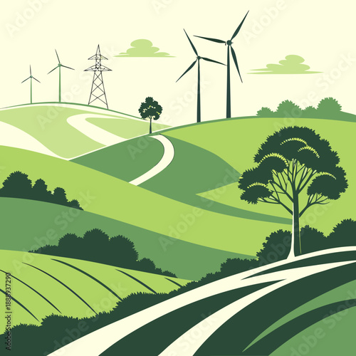 Futuristic eco landscape with rolling green hills and elegant wind turbines, sustainable energy vector art.