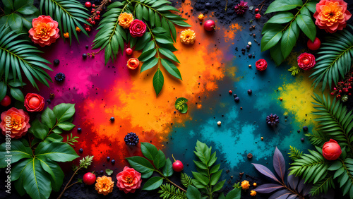 Surreal colorful powder spread on dark surface surrounded by vibrant flowers and green leaves creating vivid and artistic floral composition with natural beauty and contrast