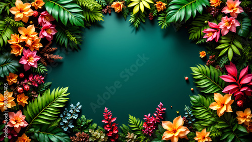 Surreal tropical flower frame with vibrant orange and pink blossoms surrounded by lush green leaves creating vivid and enchanting natural border perfect for creative design