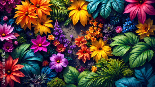 Surreal vibrant flower garden with colorful petals and lush green leaves creating magical and lively atmosphere full of natural beauty and vivid contrast