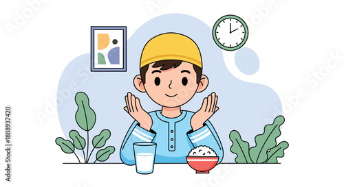 Young Muslim Boy Praying Before Iftar Meal.