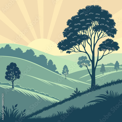 Minimalist Hill Forest Landscape at Sunrise, Tranquil Vector Illustration with Warm Light