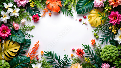 Surreal tropical flower frame with colorful petals and lush green leaves surrounding white background creating vibrant and dreamy floral border perfect for creative design