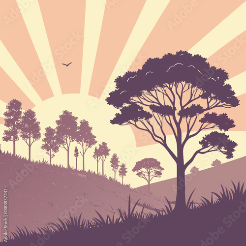Minimalist Hill Forest Landscape at Sunrise, Tranquil Vector Illustration with Warm Light