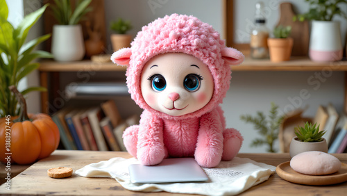 Surreal pink plush lamb with big blue eyes sits on wooden table surrounded by plants and books creating cozy and whimsical atmosphere in warm home setting