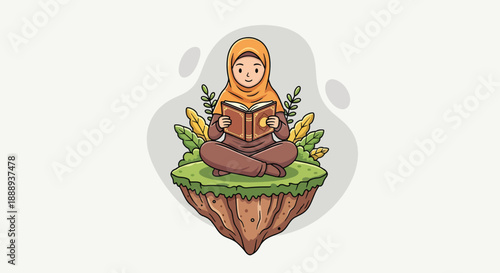 Young Muslim Woman Reading Holy Book on Floating Island.
