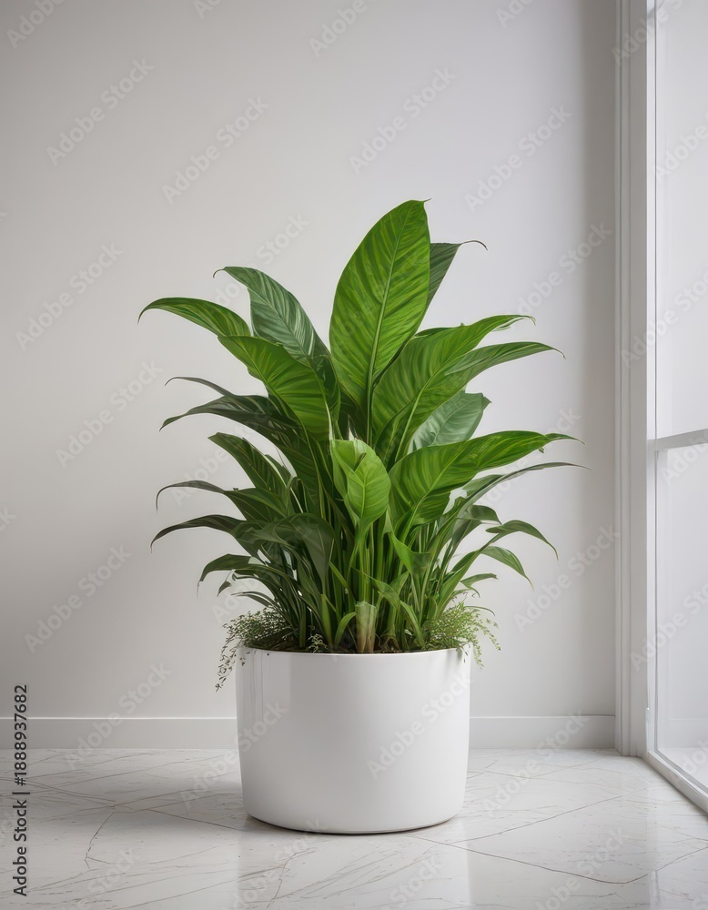 Fototapeta premium Snake plant and pothos in a elegant white planter, greenery, snake plant, indoor plants