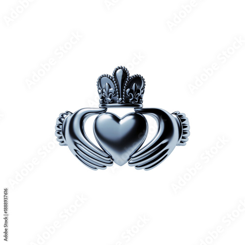 Elegant metallic claddagh symbol with a gleaming silver finish against a dark backdrop isolated on transparent background, Vector