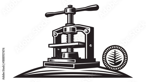 Tumbler press machine with leaf logo on table small business branding tool vector illustration