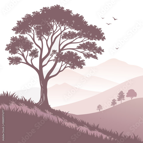 Abstract vector landscape of whimsical floating hills with a serene lake below, minimalist and dreamy.