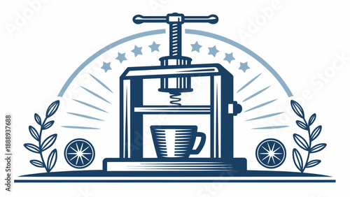 Vector illustration of a tumbler press machine with a coffee mug and citrus elements in a blue silhouette on a white background