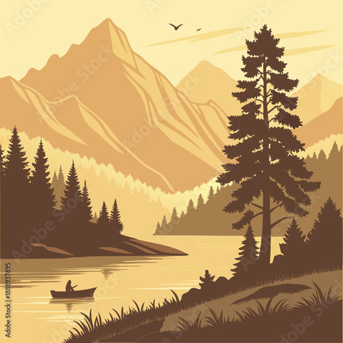 Mountain lake at sunrise with soft, ethereal fog and a flat vector style.