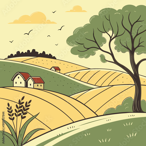 Idyllic countryside landscape with soft, rolling green fields under a clear blue sky, peaceful SVG illustration.