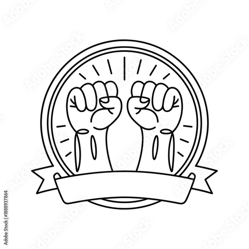 Symbolic illustration of two raised clenched fists inside a circular emblem with a ribbon banner below for protest and activism