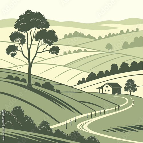 Peaceful rolling countryside landscape illustration, featuring soft green fields and a vast blue sky in SVG format.