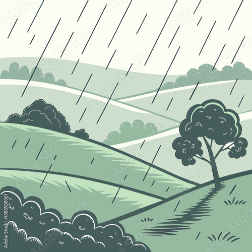 Atmospheric rainy landscape with soft, rolling hills and gentle falling rain, peaceful vector illustration.